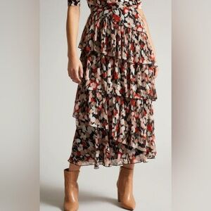 Ted Baker Size 2 Black Printed Dornie Tiered Frill Midi Skirt NEW!